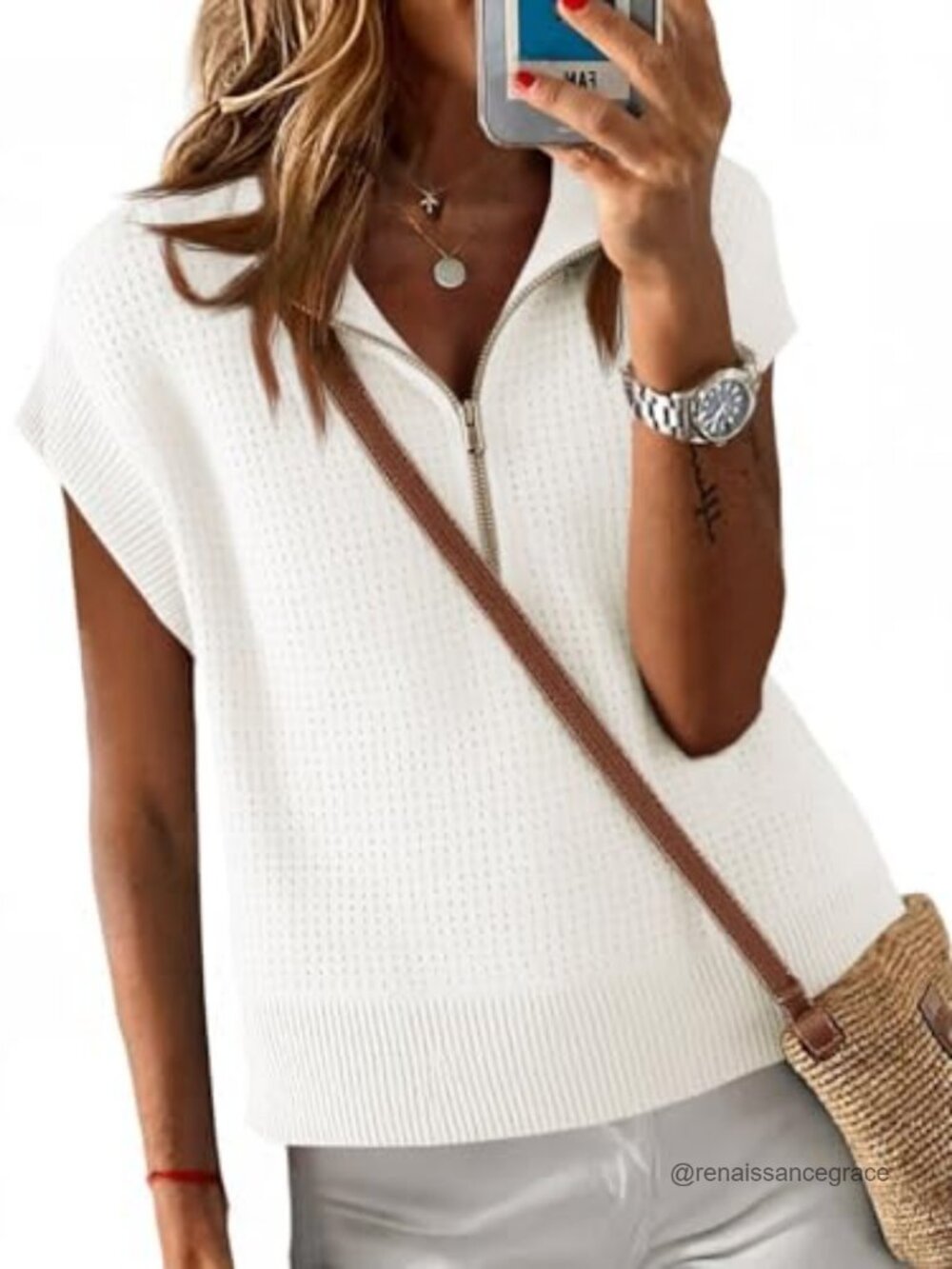 Cropped Knit Half Zip Sweater Vest Lightweight Oversized Short Sleeve Women